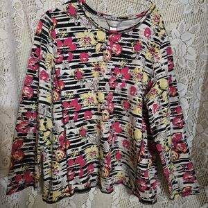 CJ Banks Floral Striped Top - Pink, Yellow, Black